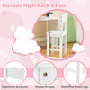 White wooden kids study desk and high-back chair set with storage cabinet and bulletin board for ergonomic use.