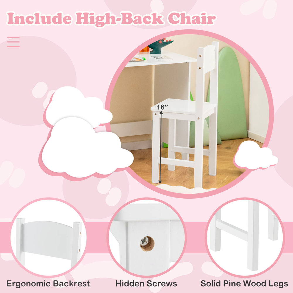White wooden kids study desk and high-back chair set with storage cabinet and bulletin board for ergonomic use.