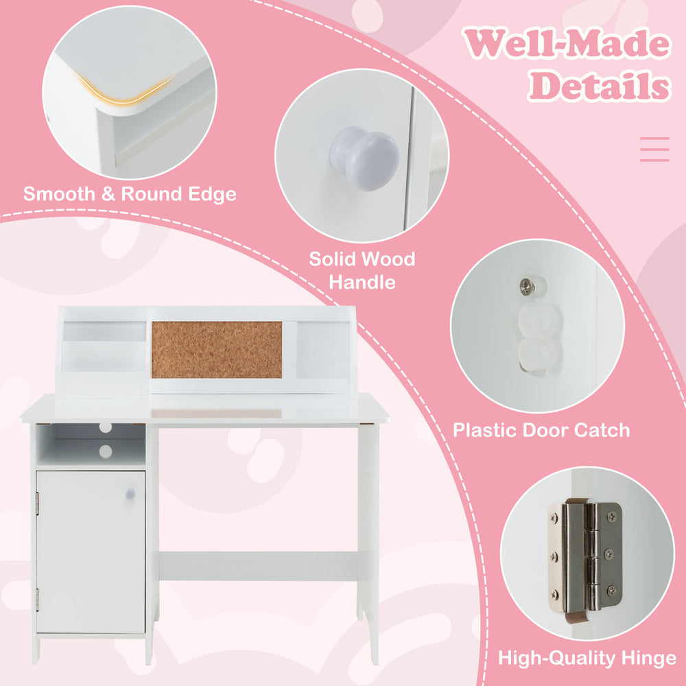 Detail view of the white wooden kids study desk showcasing smooth edges, solid wood handle, and plastic door catch for.