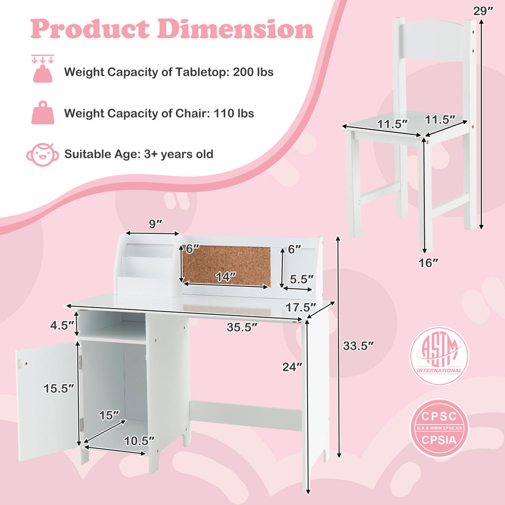 Wooden kids study desk and chair set in white with storage cabinet, bulletin board, and ergonomic design for children.