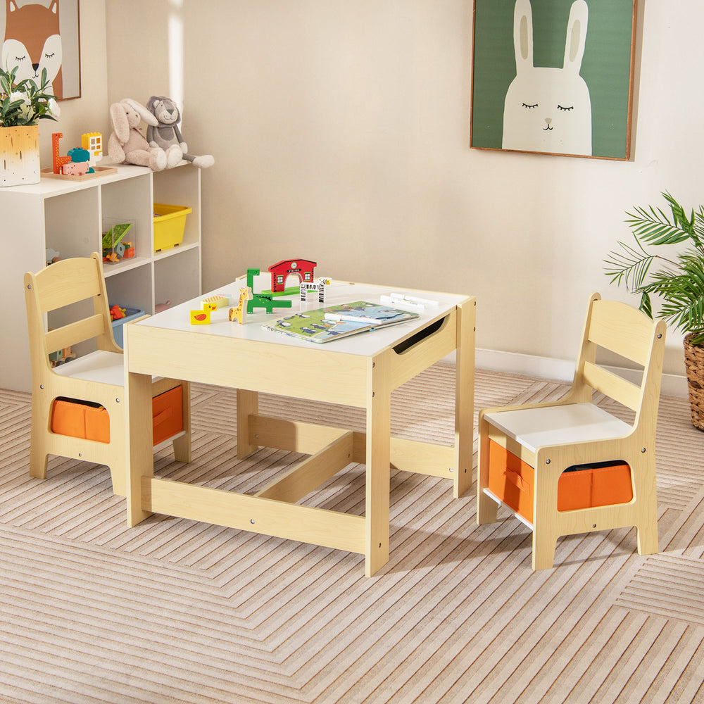 Kids table and chairs set in natural wood with storage boxes, featuring a dual-use blackboard and whiteboard for.