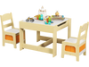 Kids table and chairs set in natural wood with storage boxes, featuring a 2-in-1 blackboard and whiteboard for creative.
