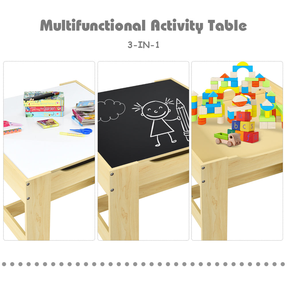Multifunctional kids table with storage boxes, featuring a whiteboard and blackboard for drawing and writing activities.