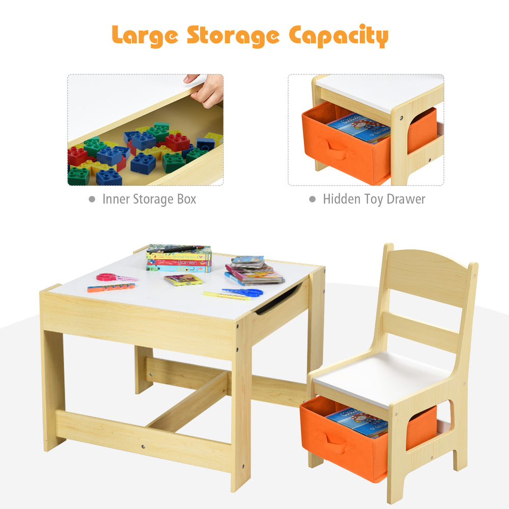 Kids table and chair set with storage boxes, featuring a natural finish and dual-function blackboard/whiteboard for.