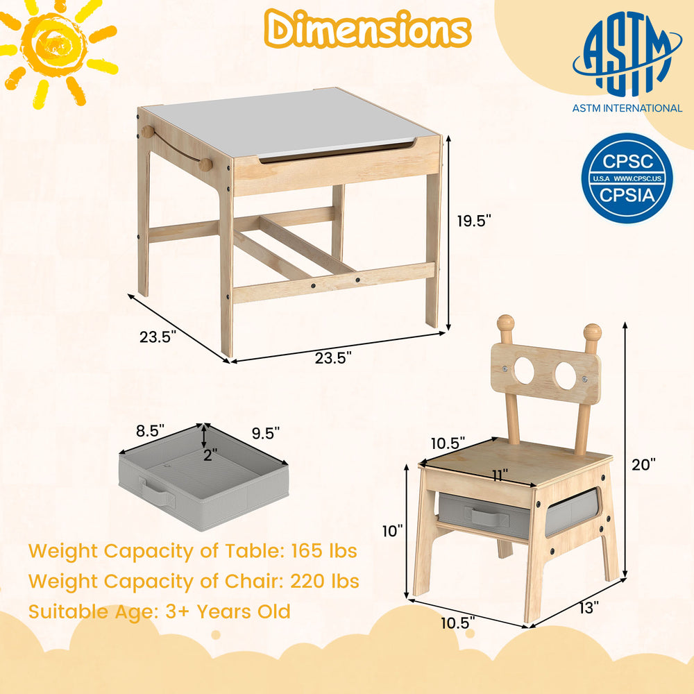 Kids table and chairs set with reversible whiteboard, featuring a robot-shaped backrest and spacious storage drawers.