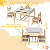 Kids table and chairs set with robot-shaped backrests, featuring a reversible whiteboard and space-saving design.