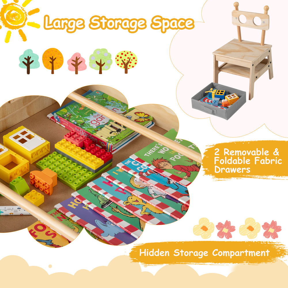 Kids table and chairs set with reversible whiteboard, featuring spacious hidden storage and removable fabric drawers.