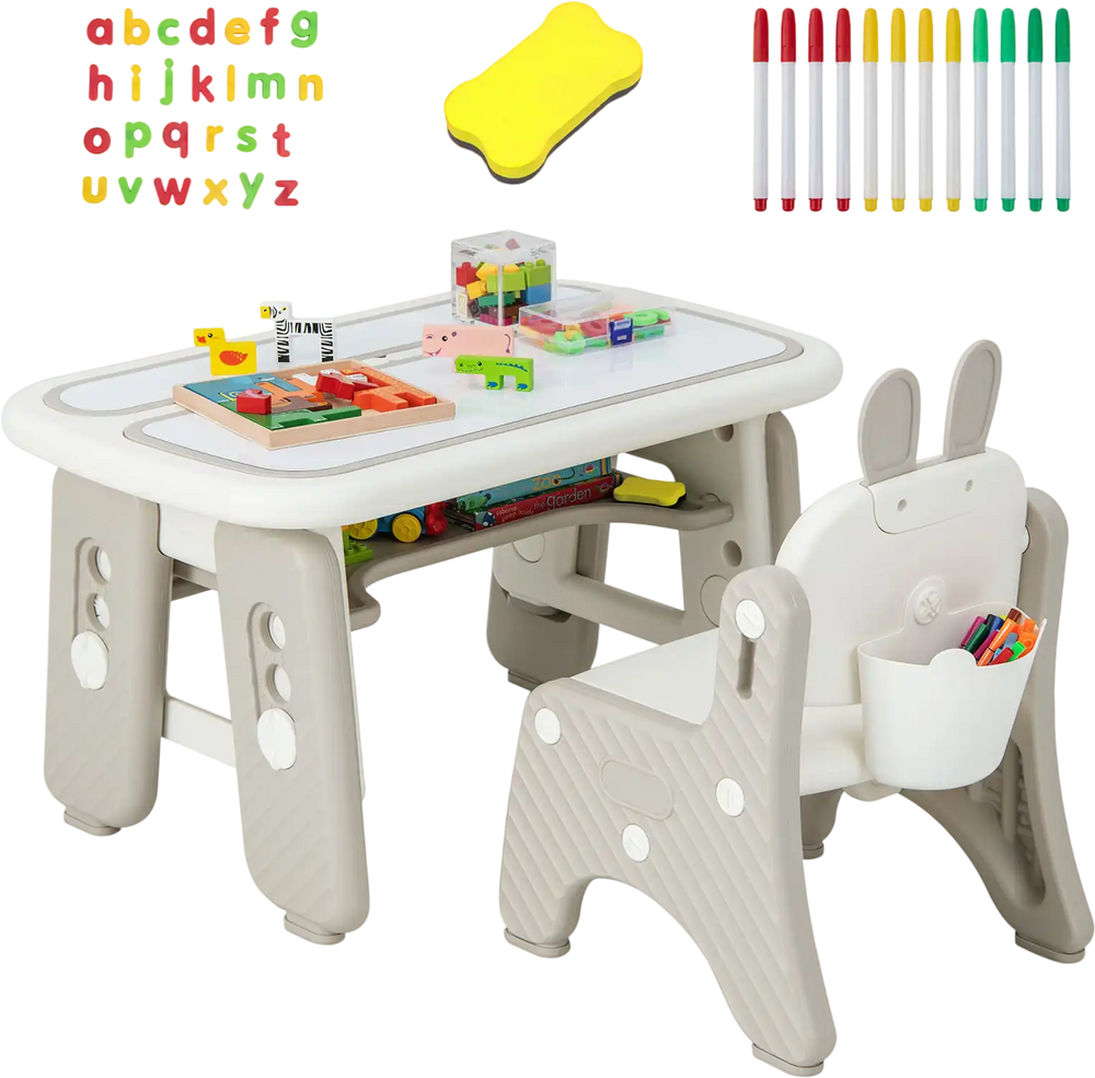 Detachable drawing boards on the kids table and chair set in gray, designed for drawing and creative play for children.