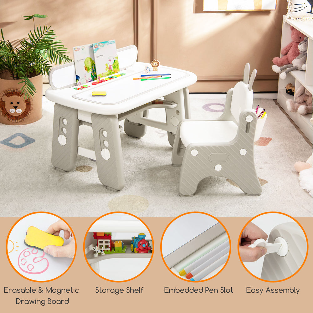 Kids table and chair set in gray with adjustable drawing boards, storage shelf, and cute rabbit-shaped chair for play.