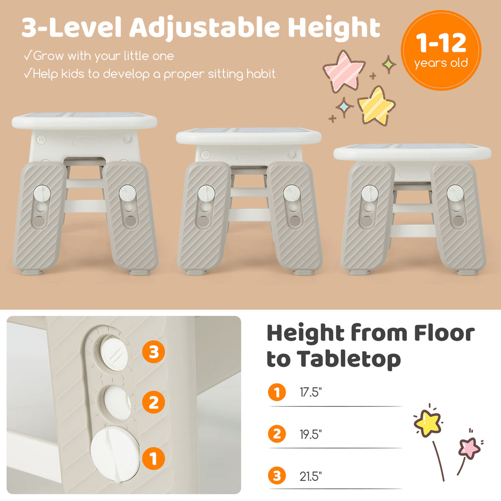 Kids table and chair set in gray with adjustable heights, ideal for drawing, learning, and safe play for children.