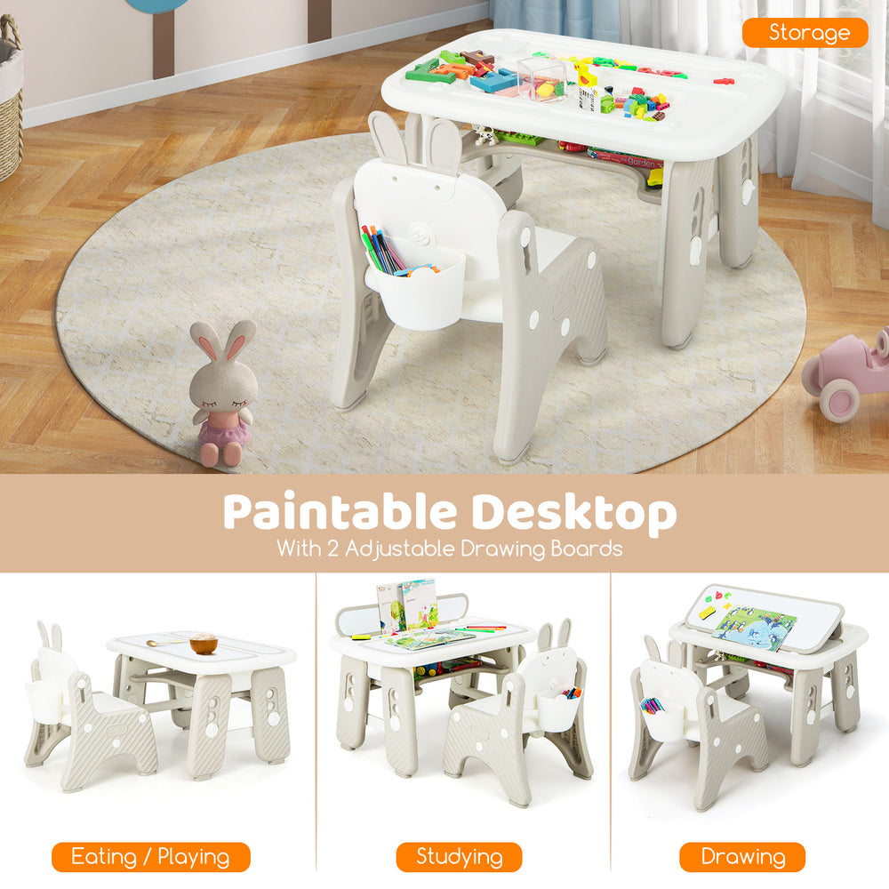 Kids table and chair set in gray with adjustable drawing boards, ideal for eating, studying, and drawing activities.