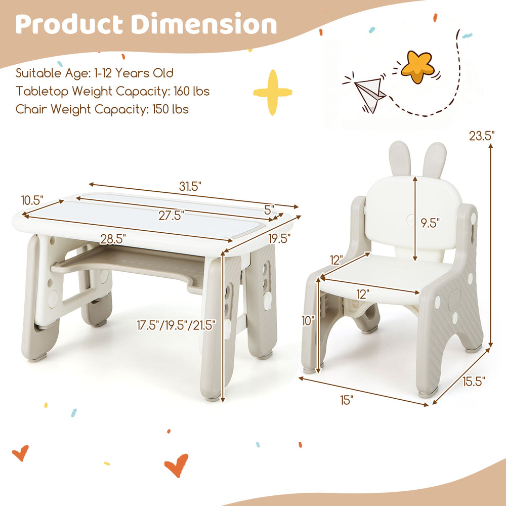 Kids table and chair set in gray with adjustable drawing boards, suitable for ages 1-12, ideal for play and learning.