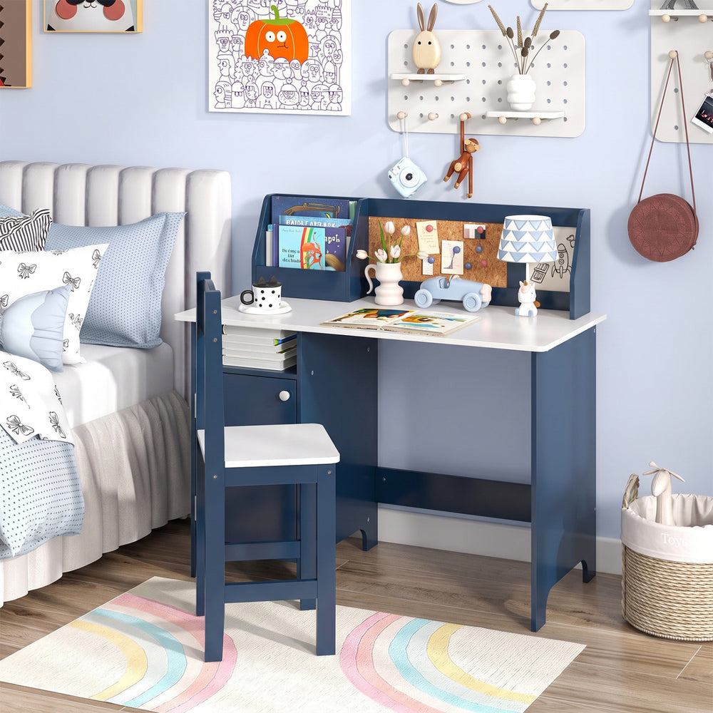 Kids Table and Chair Set with Bookshelf and Cabinet Study Table for Bedroom-Blue - Gallery View 1 of 10