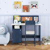 Kids table and chair set in blue with bookshelf and cabinet, perfect for studying and creative activities in a bedroom.