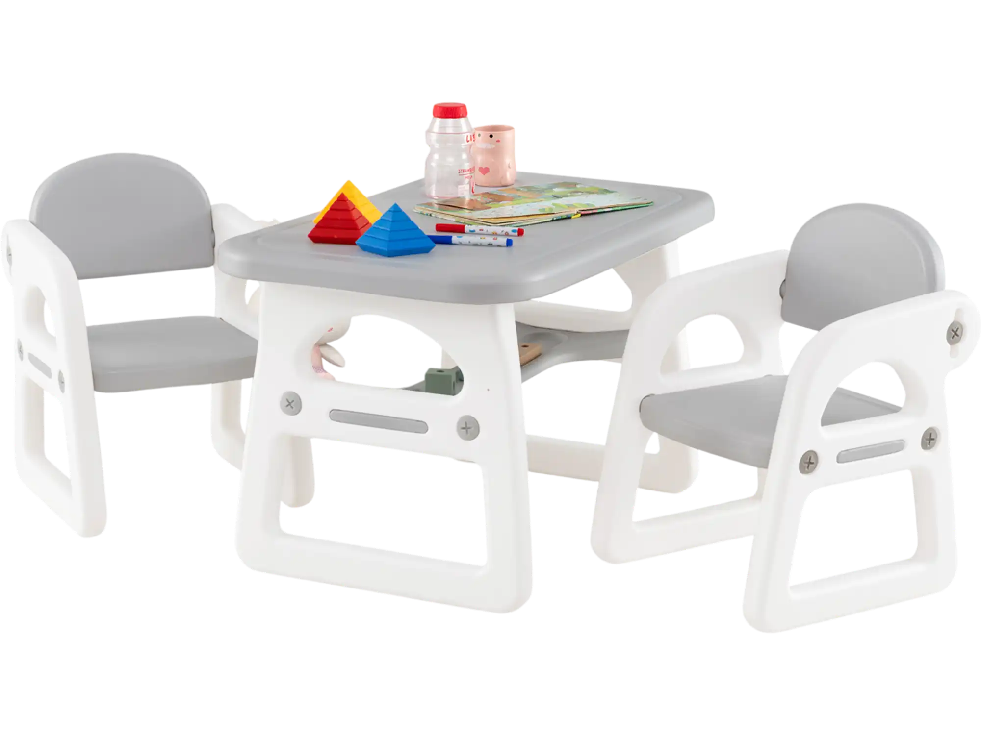 Costway Kids Table and Chair Set with Building Blocks Gray 36847925 New