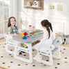 Kids table and chair set in gray with building blocks, featuring a spacious desktop and bottom storage shelf for toys.