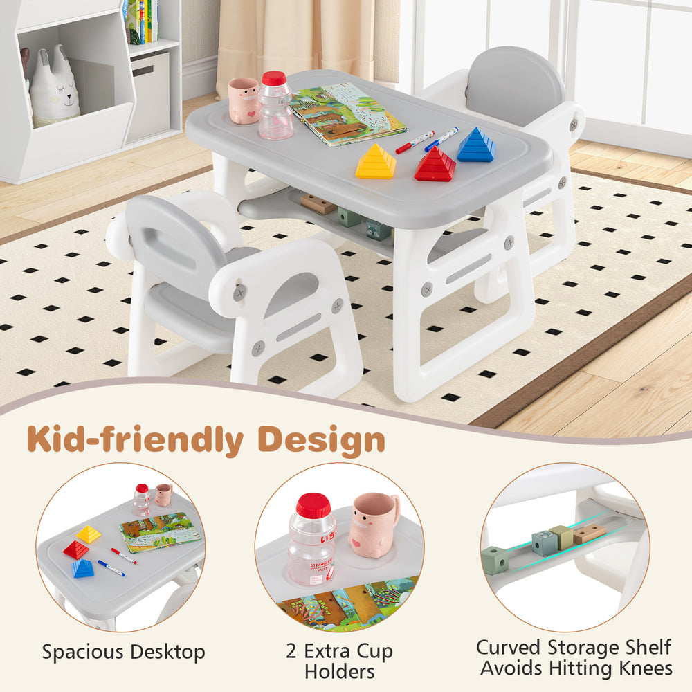 Kids table and chair set in gray with spacious desktop, 2 cup holders, and bottom storage shelf for toys and snacks.