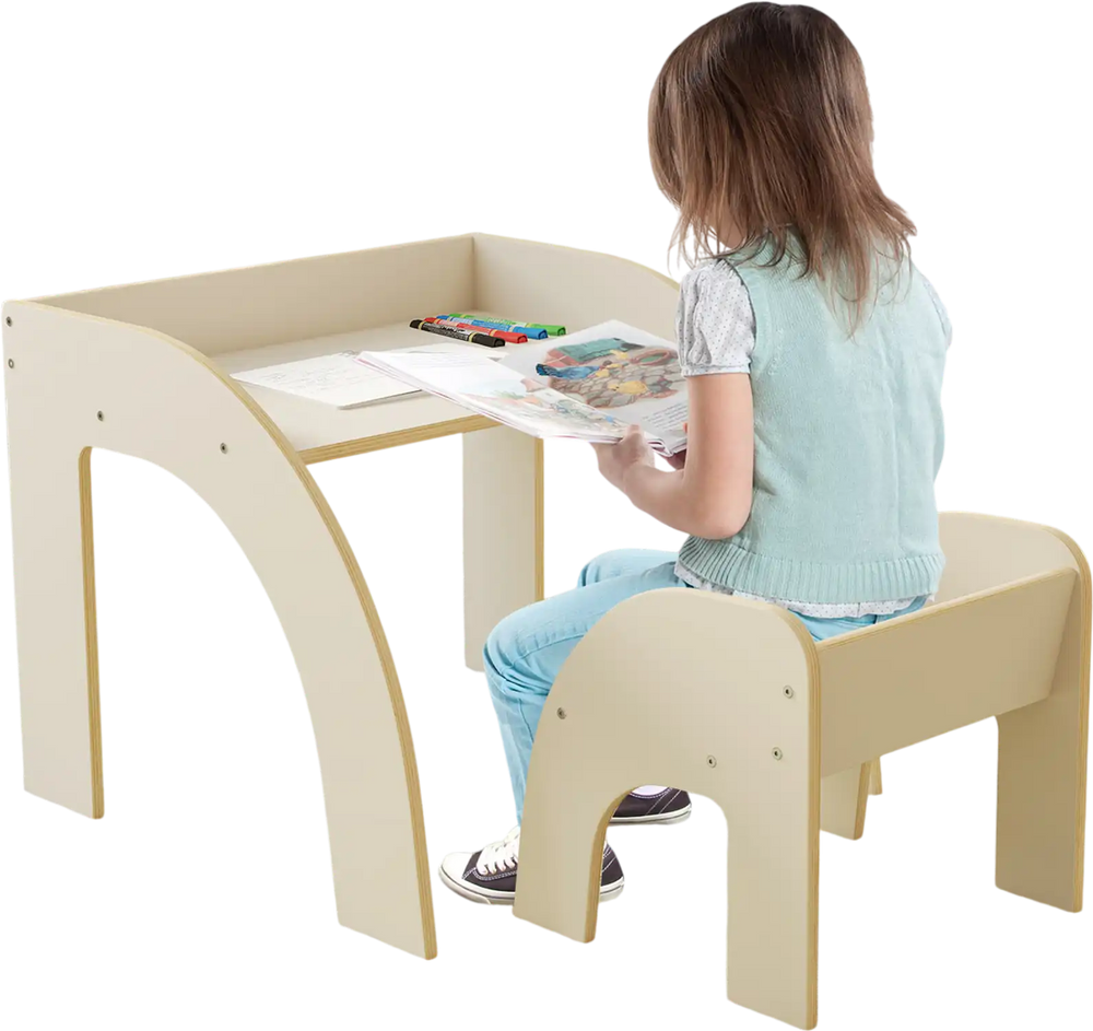 Kids table and chair set in white with wide tabletop and curved edges, perfect for playtime or learning in a kids' room.