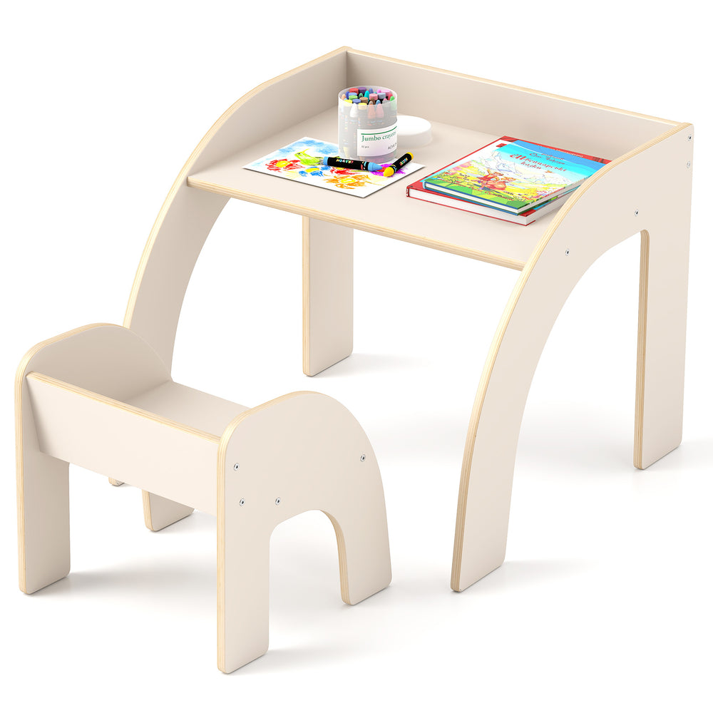 Kids table and chair set in white with wide tabletop and curved edges, perfect for play and learning in kids' rooms.
