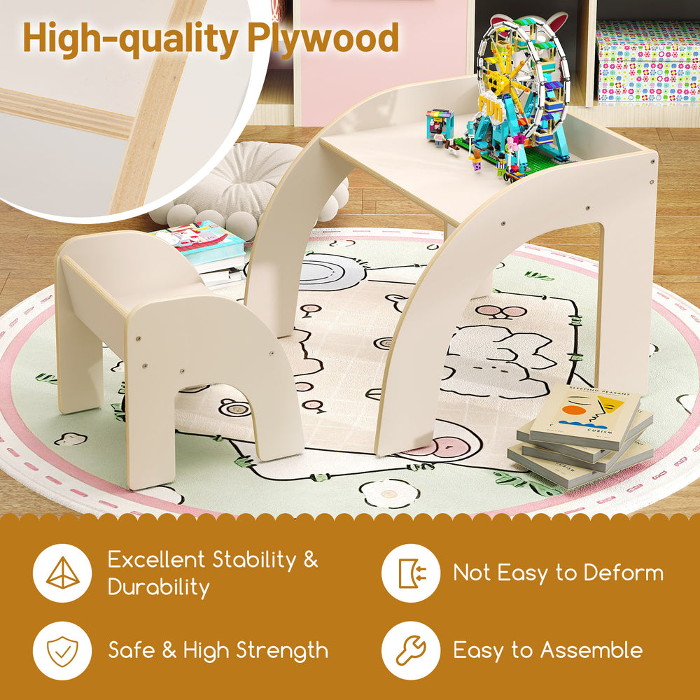 Kids table and chair set in white, featuring a wide tabletop and curved edges, perfect for playrooms and easy assembly.