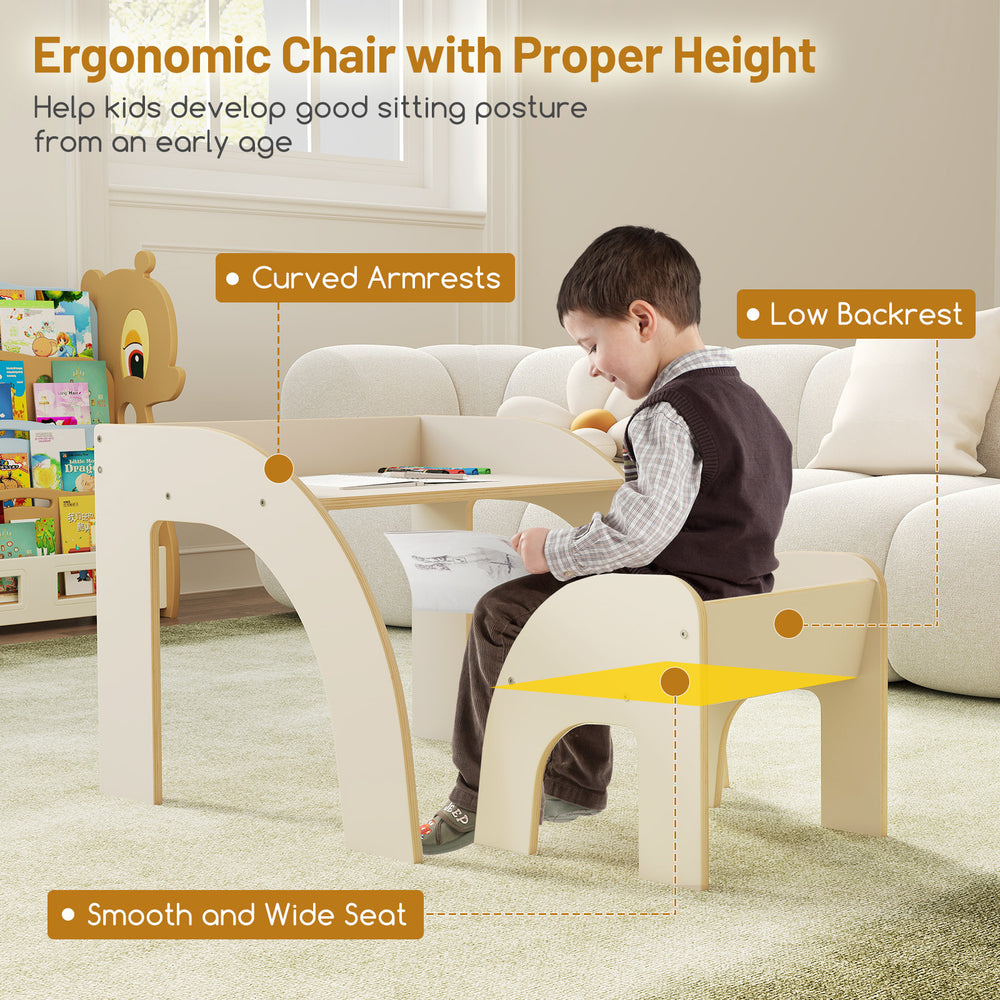 Ergonomic kids chair with curved armrests and low backrest, designed for comfort and safety in playrooms or classrooms.
