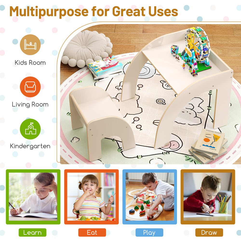 Kids table and chair set in white with wide tabletop and curved edges, perfect for learning, eating, and playing.