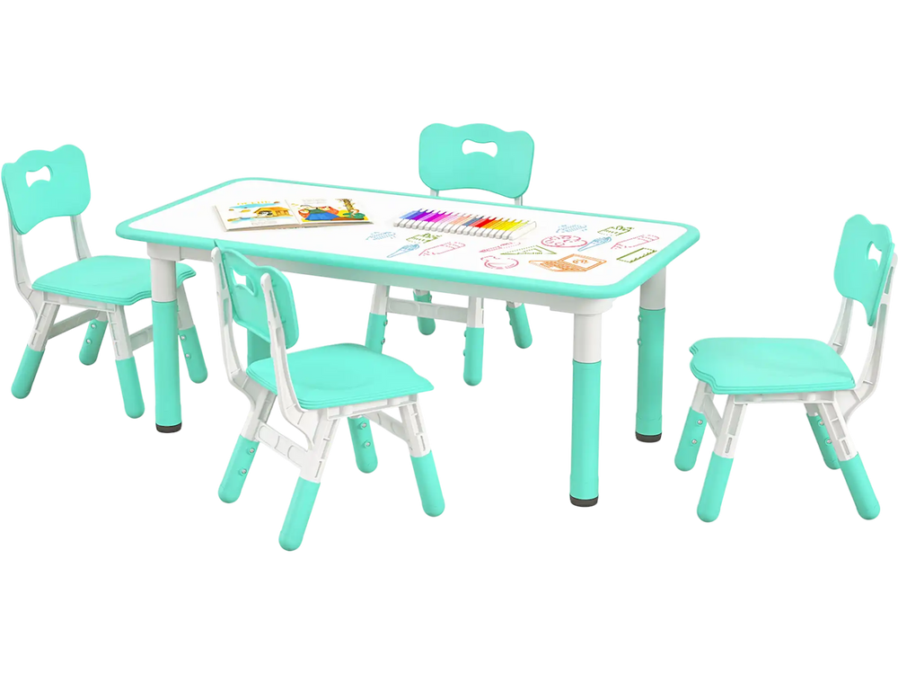 Kids table and chairs set in green with graffiti desktop, adjustable heights, perfect for play and creativity.