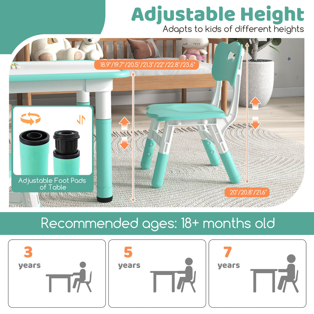 Kids table and chairs set in green with adjustable heights, ideal for painting and play, suitable for ages 18+ months.