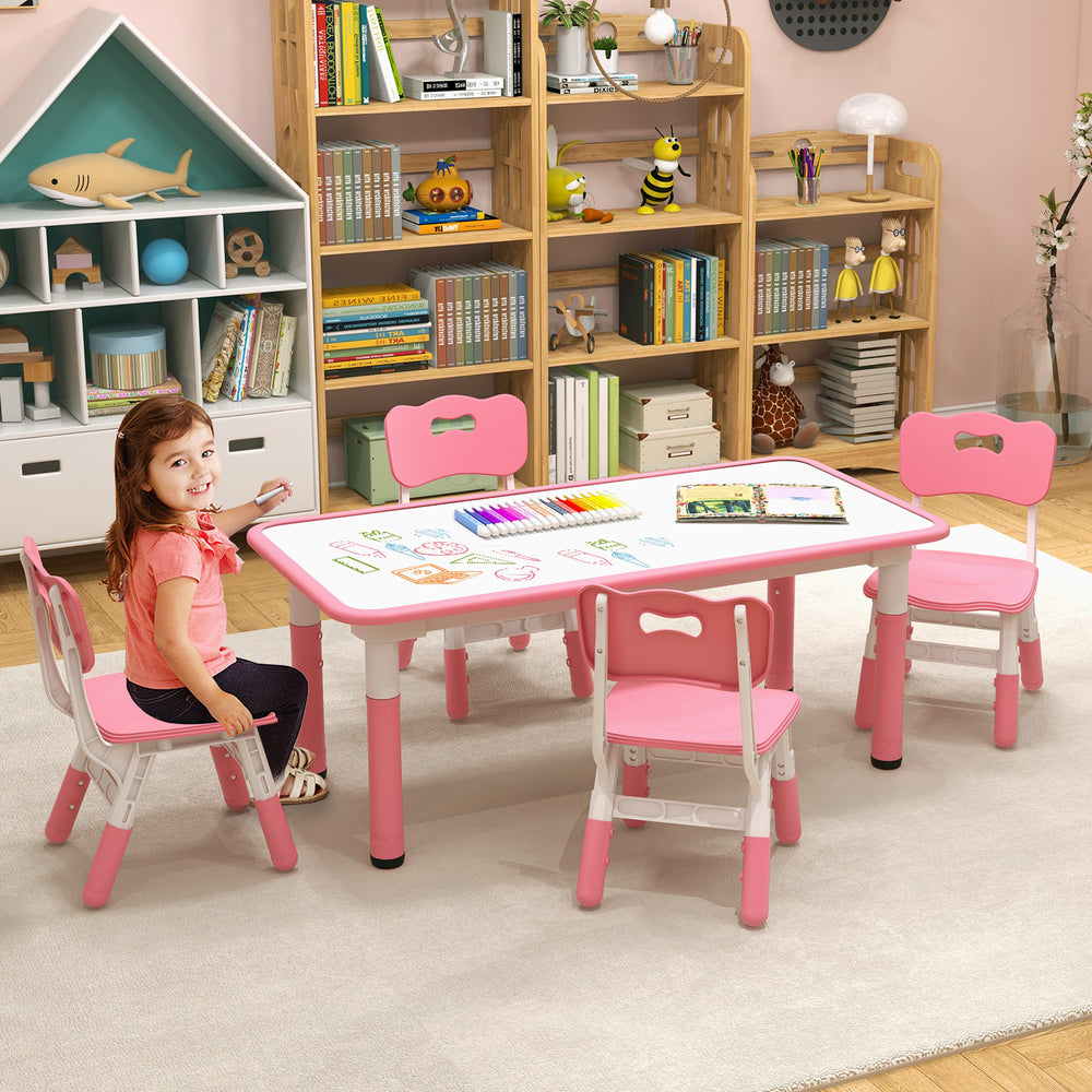 Kids Table and Chairs Set for 4 with Graffiti Desktop-Pink - Gallery View 1 of 10