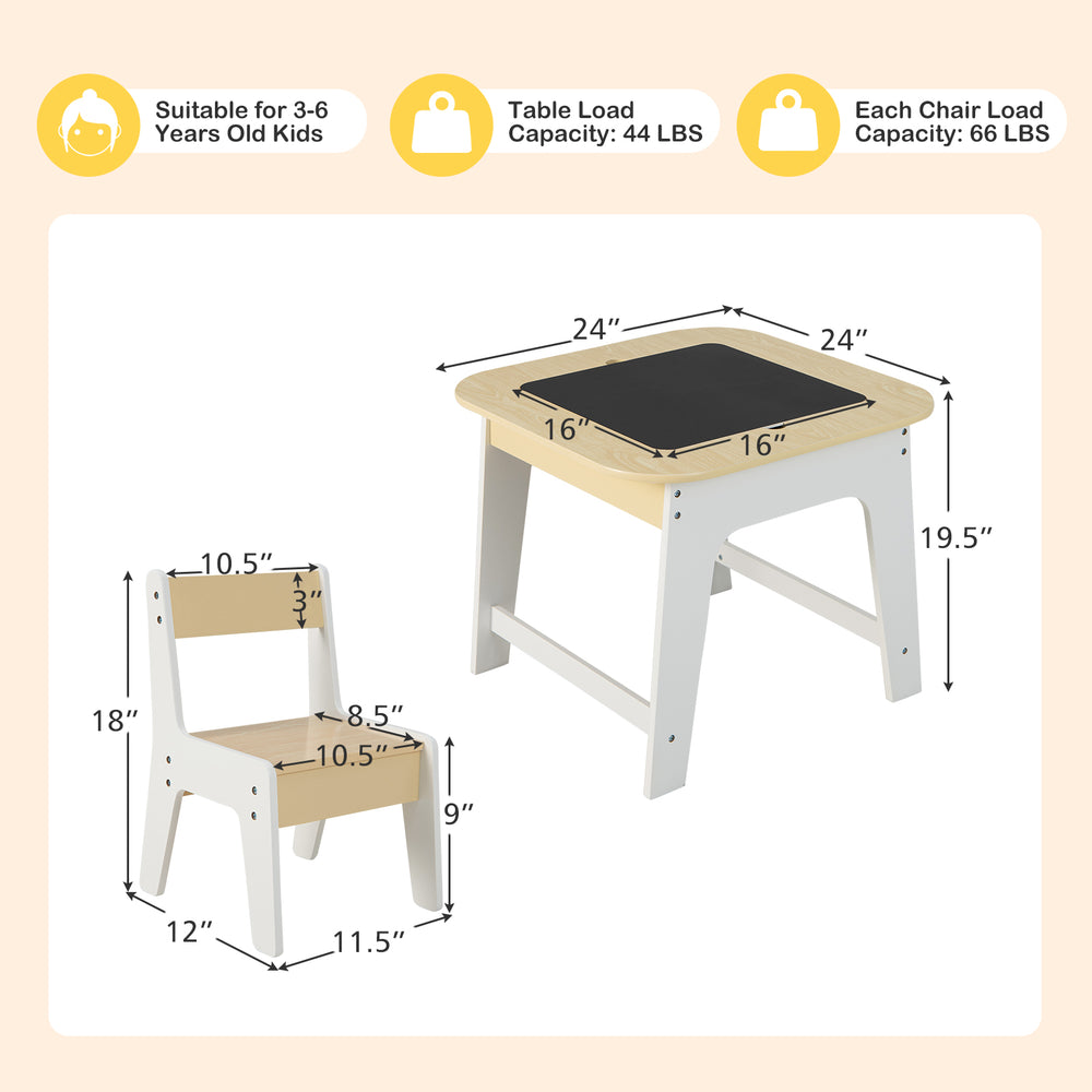 Kid's table and chair set with double-sided tabletop, suitable for ages 3-6, ideal for drawing and learning activities.
