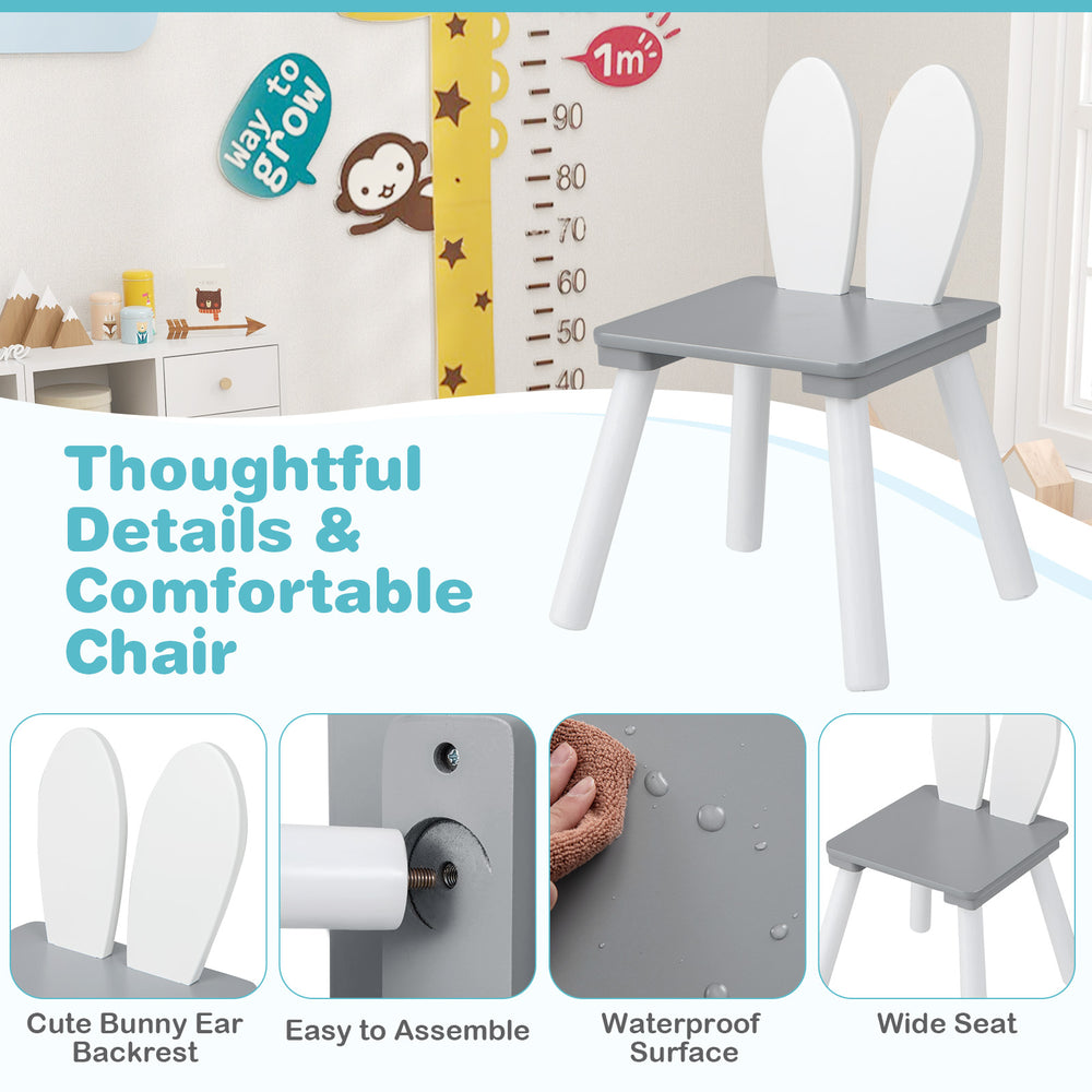 Kids chair with cute bunny ear backrest, gray waterproof surface, and wide seat for comfort, perfect for playtime.