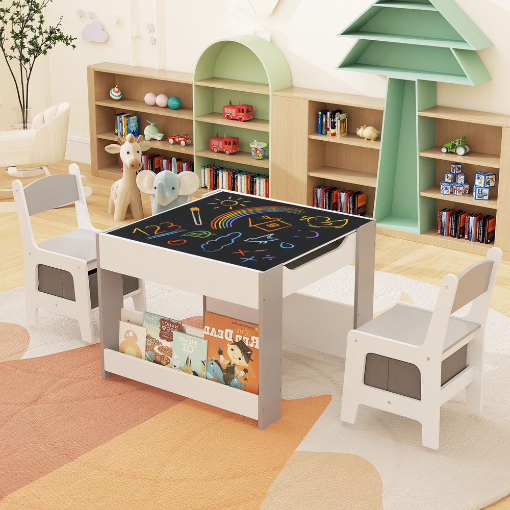4 in 1 Kids Toddler Activity Table and Chairs Set with Reversible Tabletop-Grey - Gallery View 1 of 9