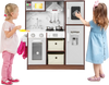 Kids modern toy kitchen playset with lights and sounds, featuring storage, accessories, and an ice maker for.