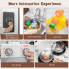 Kids toy kitchen playset with interactive knobs, chalkboard, and accessories for cooking, cutting, and washing.