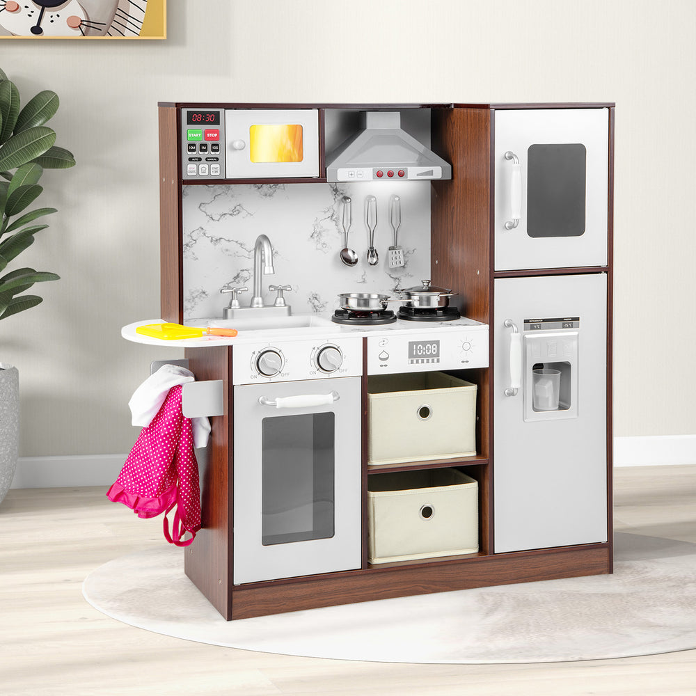 Kids modern toy kitchen playset in coffee color with lights, sounds, and storage for immersive play and creativity.