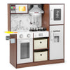 Kids modern toy kitchen playset with lights and sounds, featuring storage, ice maker, and cooking accessories for.