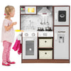 Kids modern toy kitchen playset with lights and sounds, featuring storage, accessories, and a chalkboard for creative.