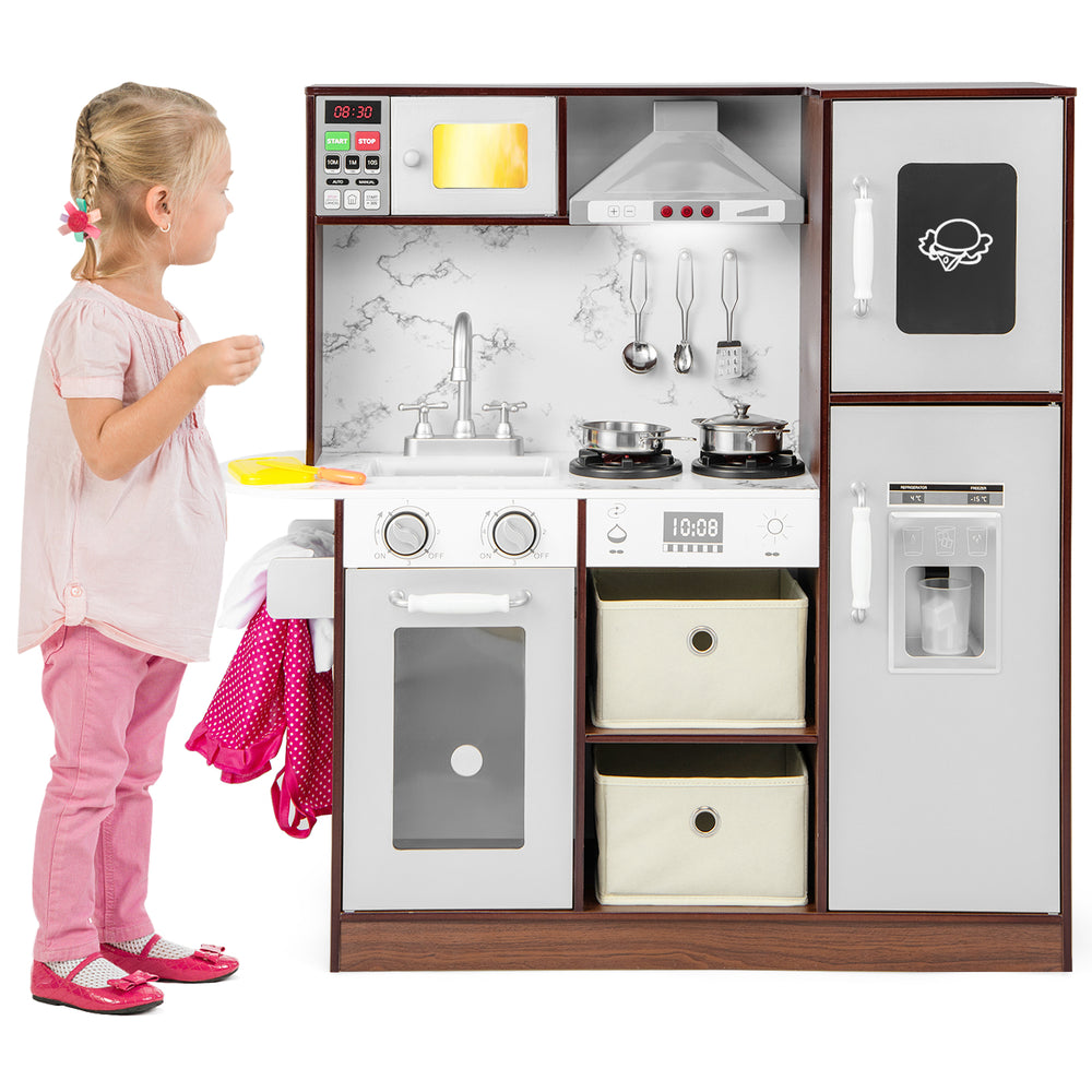 Kids modern toy kitchen playset with lights and sounds, featuring storage, accessories, and a chalkboard for creative.