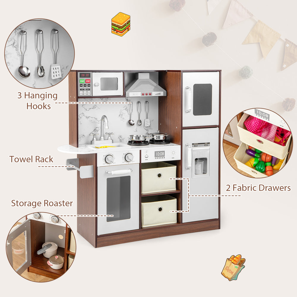 Kids modern toy kitchen playset featuring lights, sounds, storage drawers, and accessories for imaginative play.