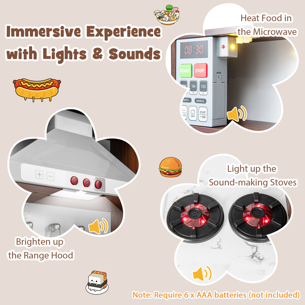 Kids modern toy kitchen playset with lights and sounds, featuring a range hood and interactive knobs for immersive play.