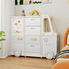 Bus-shaped kids toy storage organizer in gray with 4 pull-out drawers and a whiteboard for creative play.