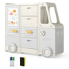 Bus-shaped kids toy storage organizer with 4 pull-out drawers, whiteboard, and colorful markers for creative play.