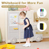 Kids toy storage organizer with a whiteboard, colorful markers, and 4 pull-out drawers for creative play and.