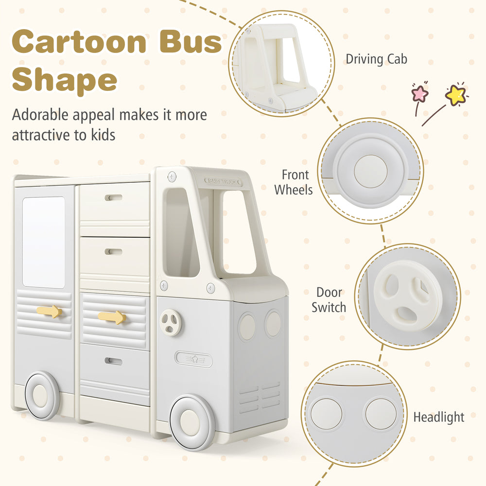 Bus-shaped kids toy storage organizer in gray with 4 pull-out drawers, ideal for playrooms and classrooms.