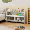 Kids toy storage organizer in white with top shelf, two movable drawers, and rolling wheels for easy access and safety.