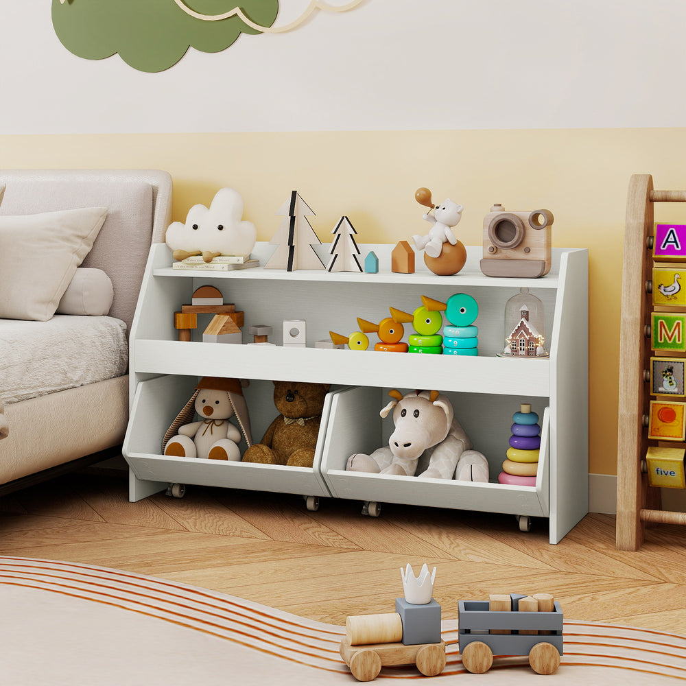 Kids Toy Storage Organizer Wooden Bookcase with 2 Movable Drawers-White - Gallery View 1 of 10