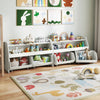 Kids toy storage organizer with open design, two movable drawers, and rounded corners for safety in a playroom setting.