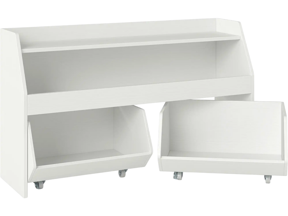 Kids toy storage organizer in white with 1 top shelf and 2 movable drawers, ideal for playrooms and classrooms.