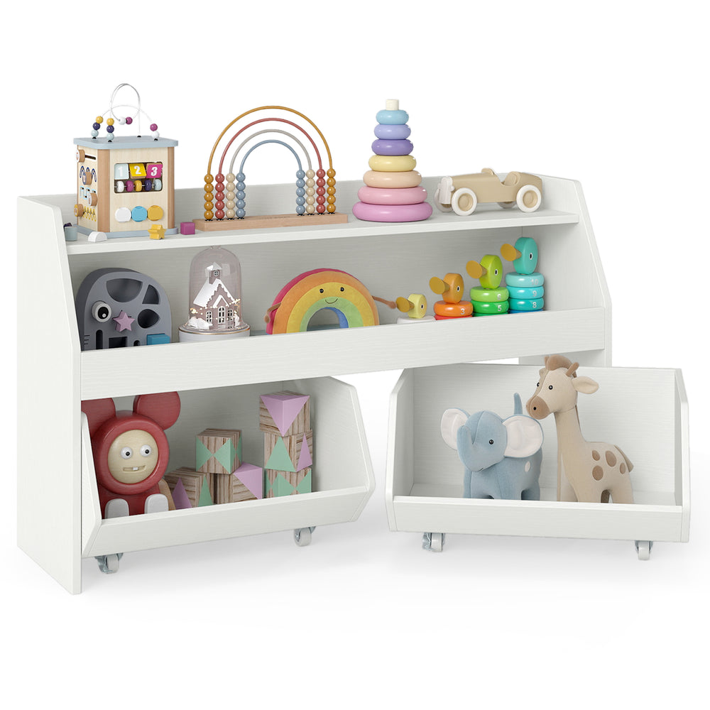Kids toy storage organizer in white with top shelf, two movable drawers, and colorful toys for easy access and play.