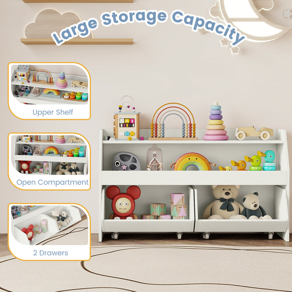 Kids toy storage organizer in white with 2 movable drawers, open compartment, and top shelf for easy access and large.